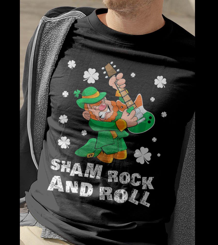 Sham Rock And Roll Leprechaun Playing Guitarist St Patricks Clover T-Shirt