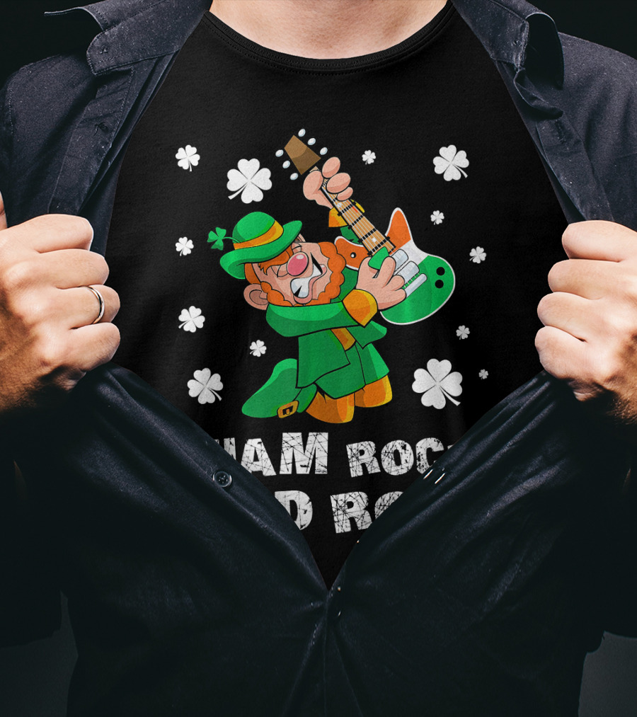 Sham Rock And Roll Leprechaun Playing Guitarist St Patricks Clover T-Shirt