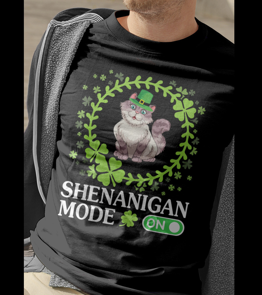 Shenanigan Mode On With Leprechaun Cat In Shamrocks Circle T-Shirt