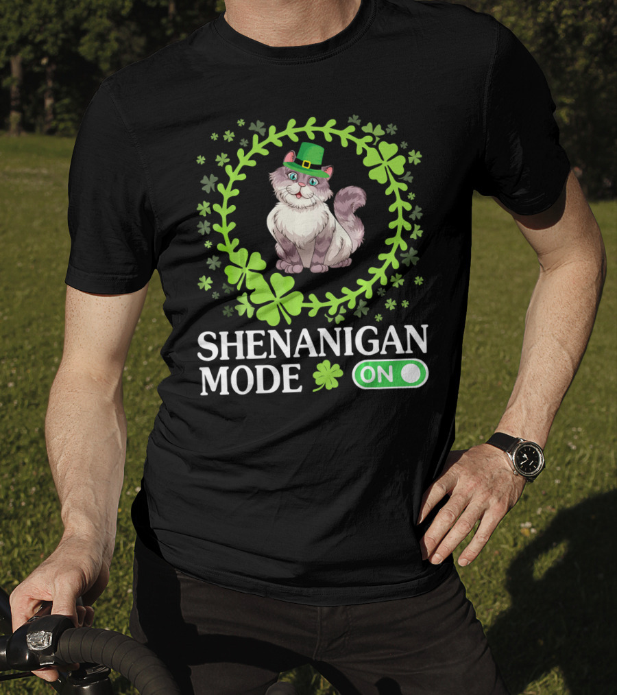 Shenanigan Mode On With Leprechaun Cat In Shamrocks Circle T-Shirt