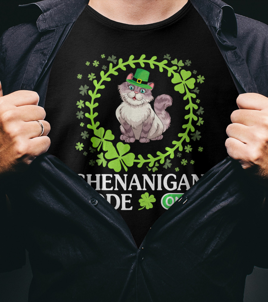 Shenanigan Mode On With Leprechaun Cat In Shamrocks Circle T-Shirt
