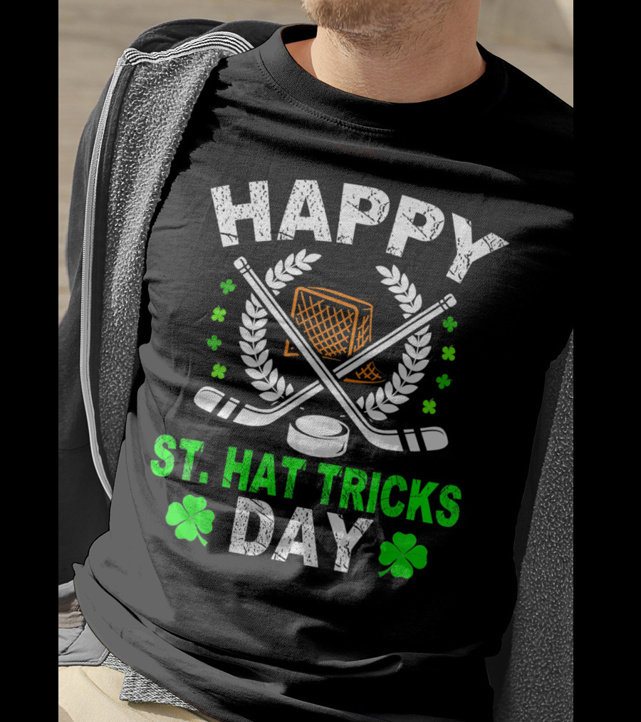 Happy St. Hat Tricks Day Hockey St. Patrick's Day Shamrocks And Sticks T-Shirt
