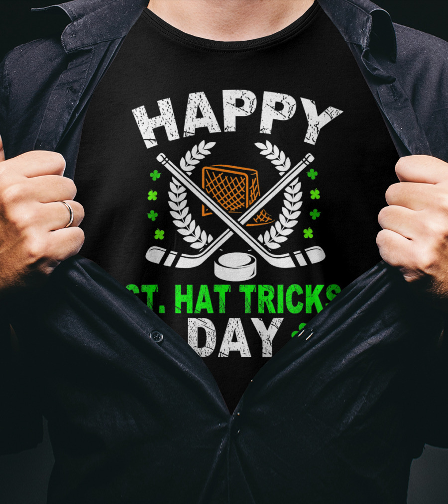 Happy St. Hat Tricks Day Hockey St. Patrick's Day Shamrocks And Sticks T-Shirt