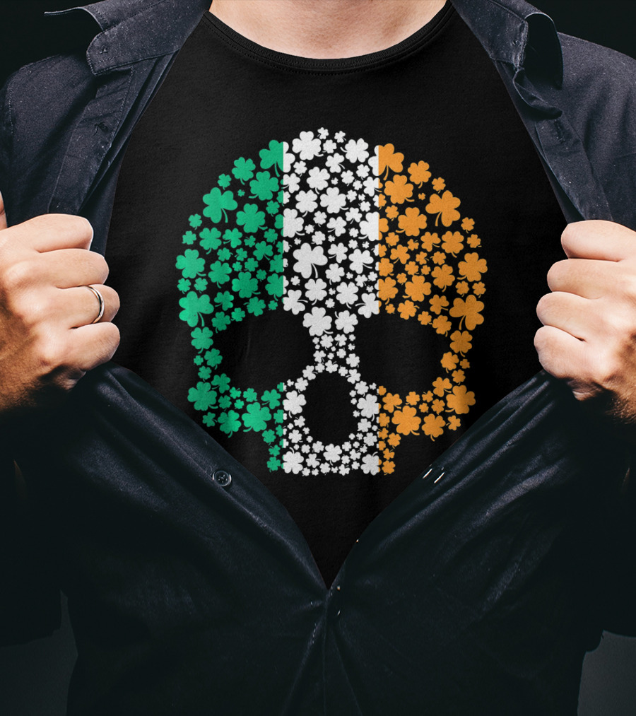 Irish Shamrock Skull With Tricolor Pattern For St. Patrick's Day T-Shirt