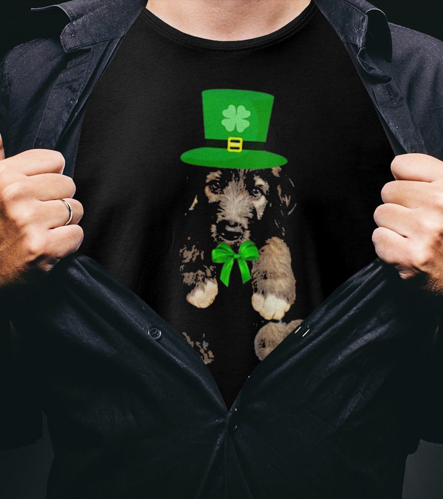 Irish Wolfhound Puppy With Leprechaun Hat And Shamrock Bow For St. Patrick's Day T-Shirt