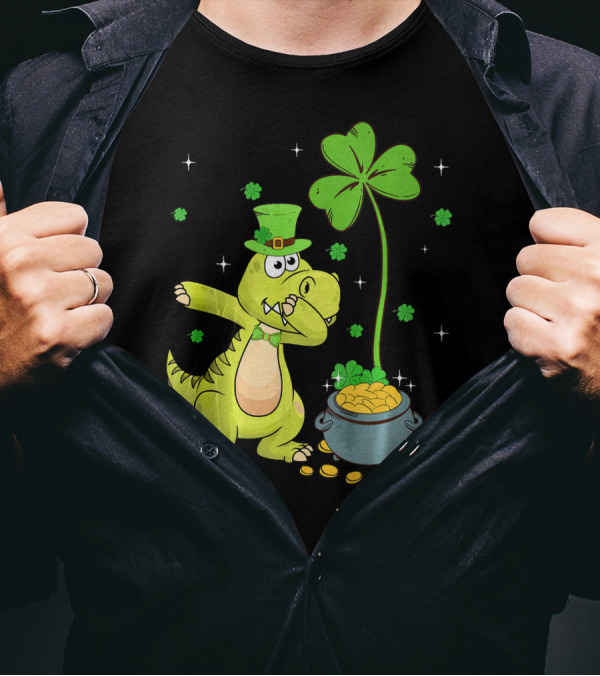 Shamrock Dabbing Dinosaur Leprechaun Gold Pot St Patricks T-Shirt