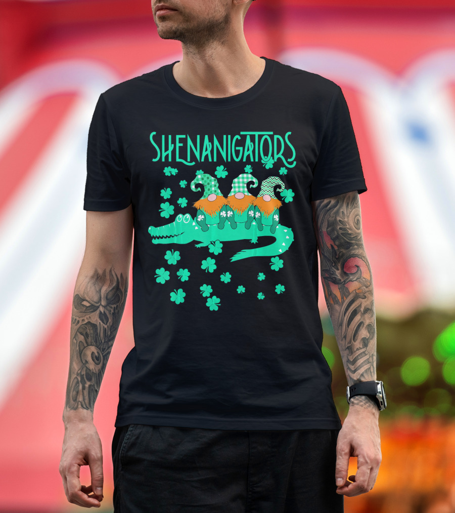 Shenanigators Funny Cute Alligator with Gnomes and Shamrocks T-Shirt