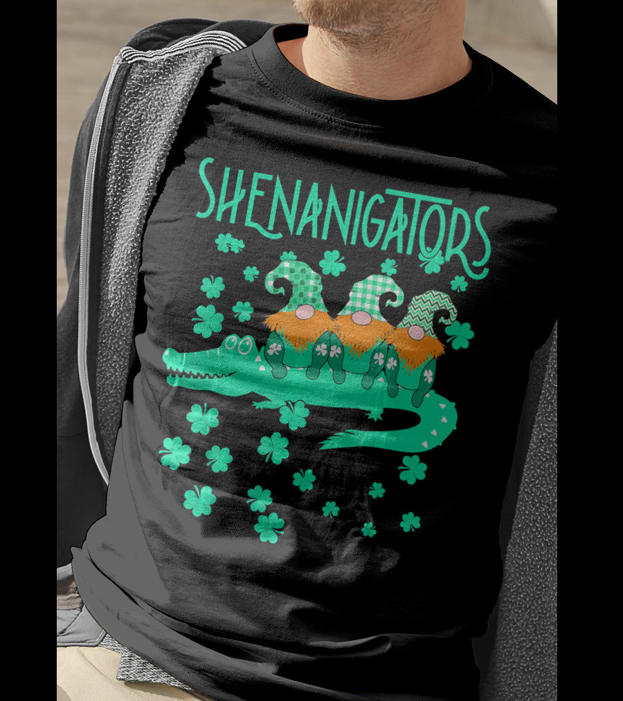 Shenanigators Funny Cute Alligator With Gnomes And Shamrocks T-Shirt