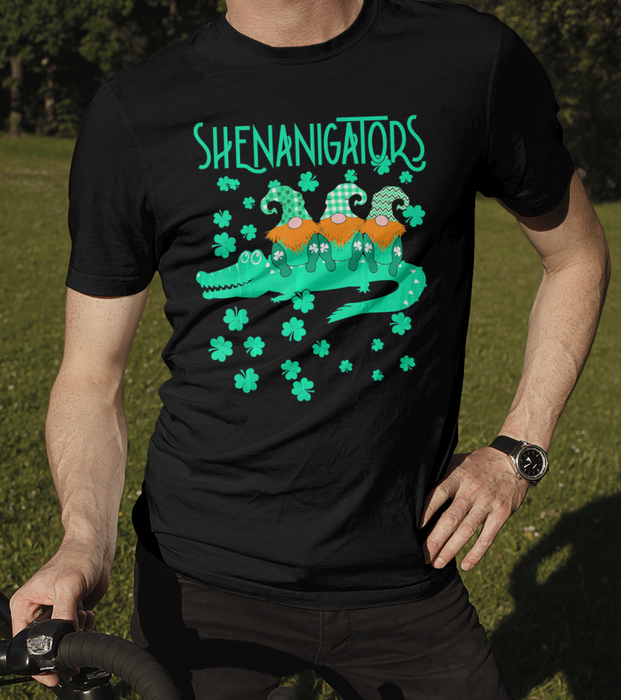 Shenanigators Funny Cute Alligator With Gnomes And Shamrocks T-Shirt