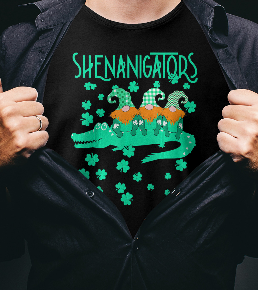 Shenanigators Funny Cute Alligator With Gnomes And Shamrocks T-Shirt
