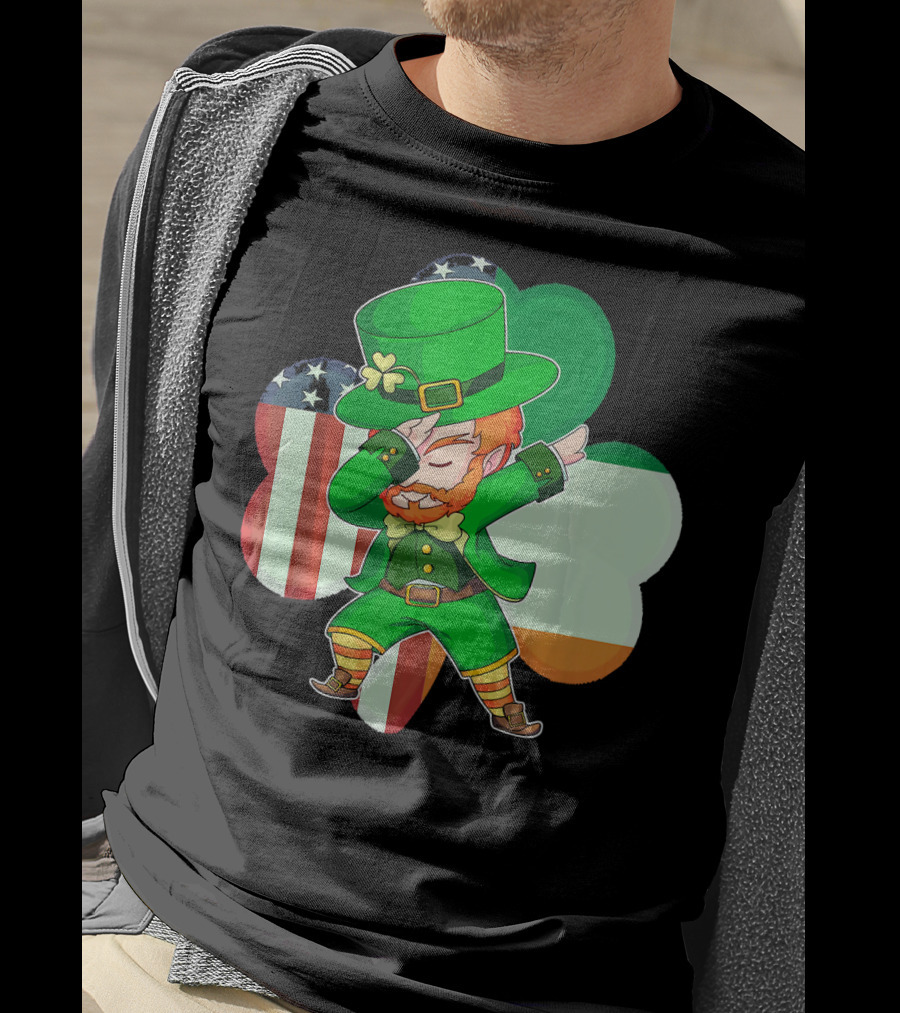 Funny Dabbing Leprechaun Shamrock American Irish Flag T-Shirt