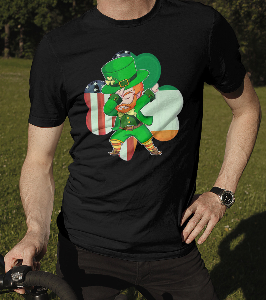 Funny Dabbing Leprechaun Shamrock American Irish Flag T-Shirt