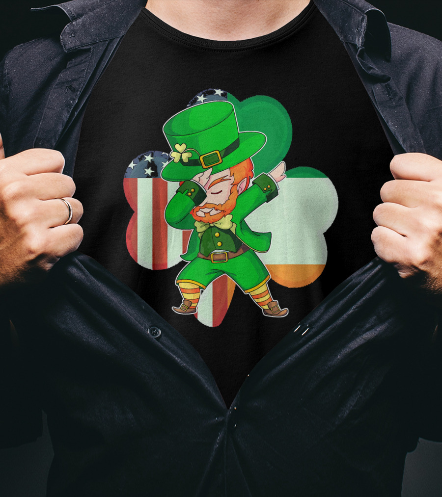 Funny Dabbing Leprechaun Shamrock American Irish Flag T-Shirt