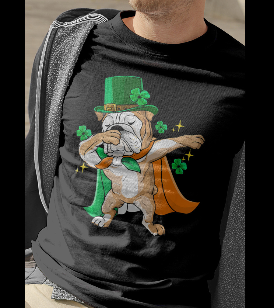 Irish Bulldog Dabbing Leprechaun With Shamrocks T-Shirt