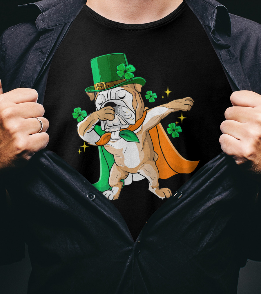 Irish Bulldog Dabbing Leprechaun With Shamrocks T-Shirt