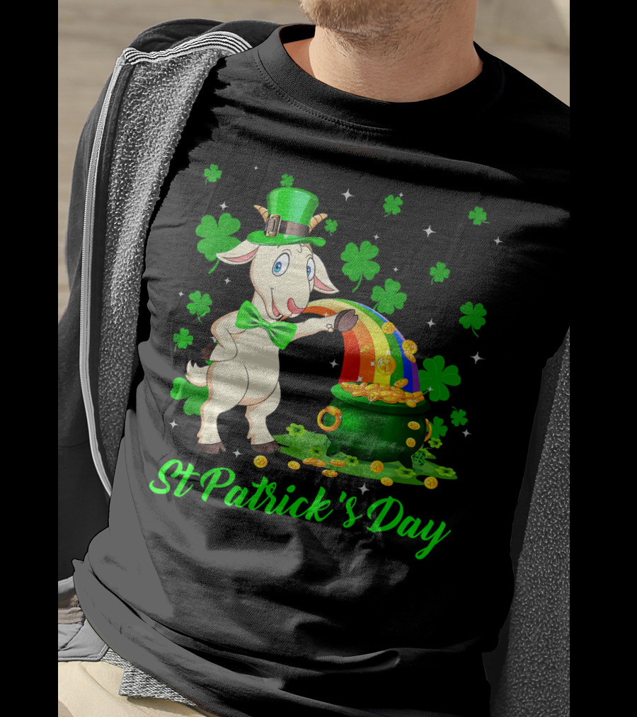 St Patrick's Day Leprechaun Goat Shamrock Rainbow Pot Of Gold T-Shirt