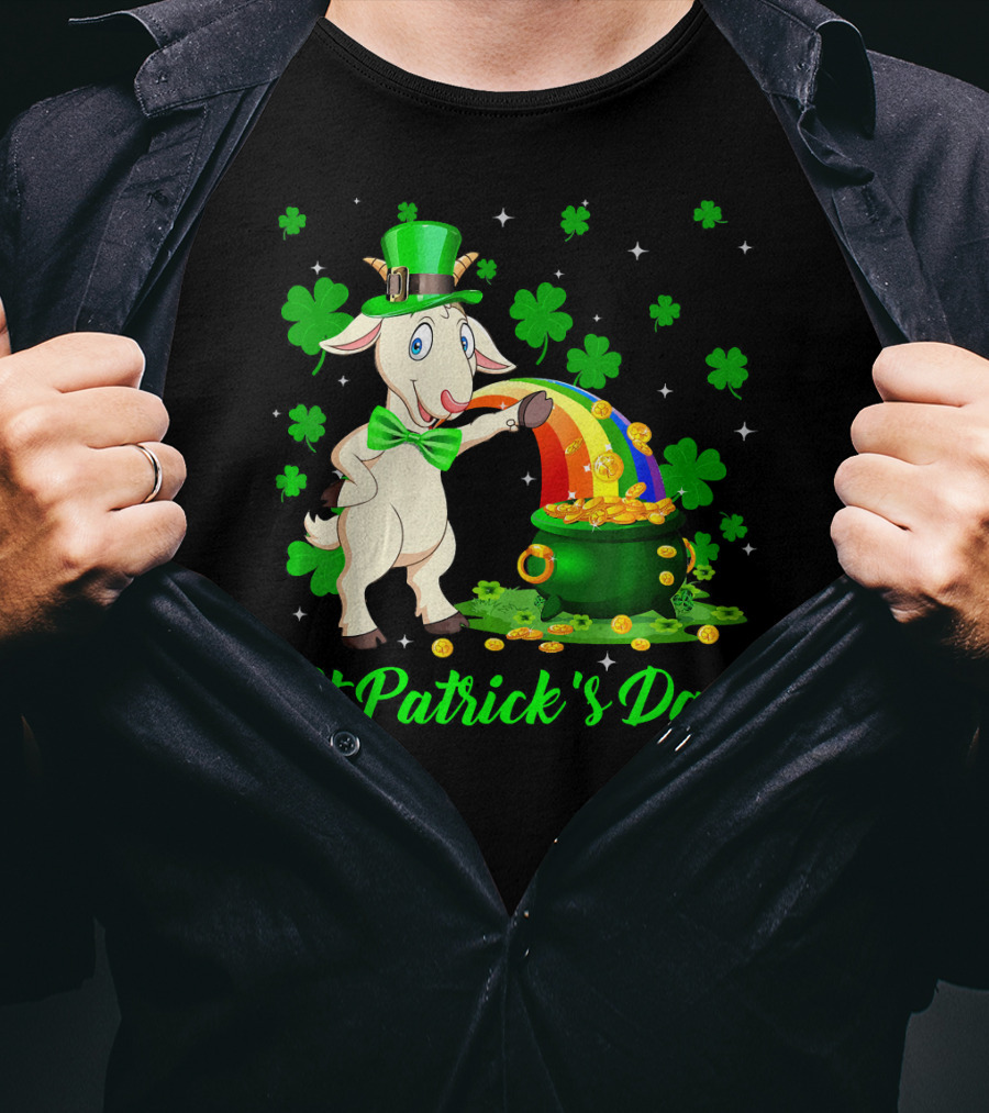 St Patrick's Day Leprechaun Goat Shamrock Rainbow Pot Of Gold T-Shirt
