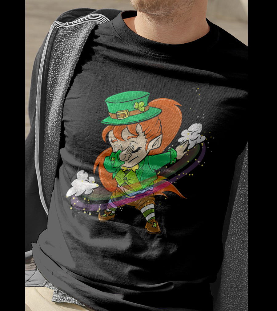 Dabbing Leprechaun Girl With Green Hat And Rainbow Magic T-Shirt