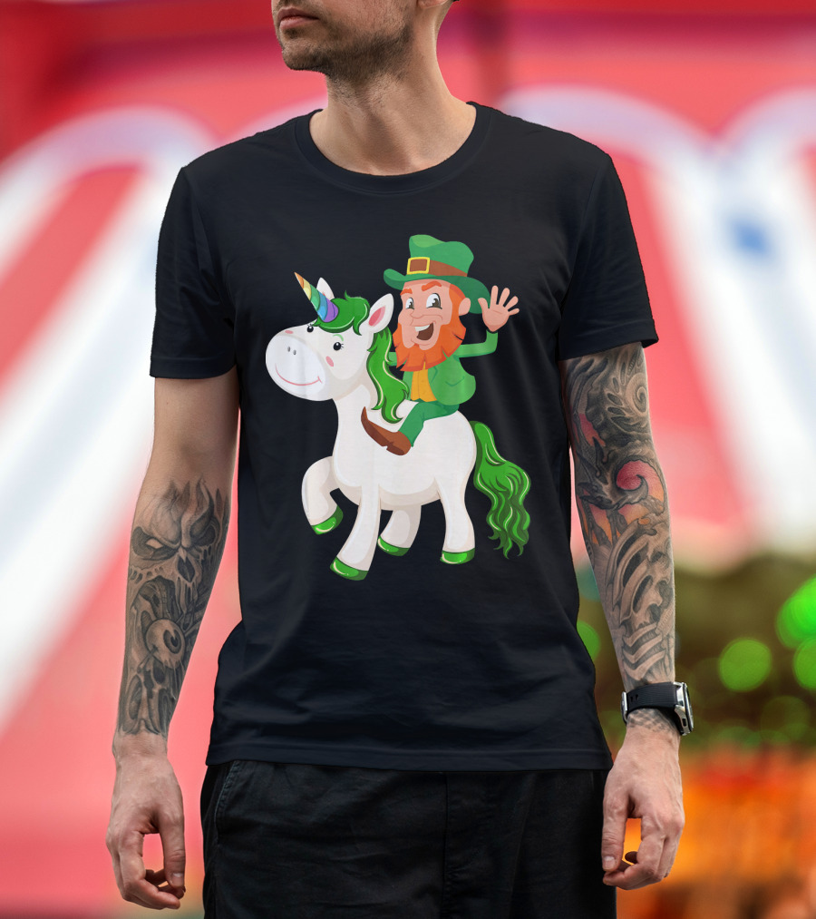 Unicorn Leprechaun Celebration Characters Green Hat and Red Beard Riding Playful Creature T-Shirt