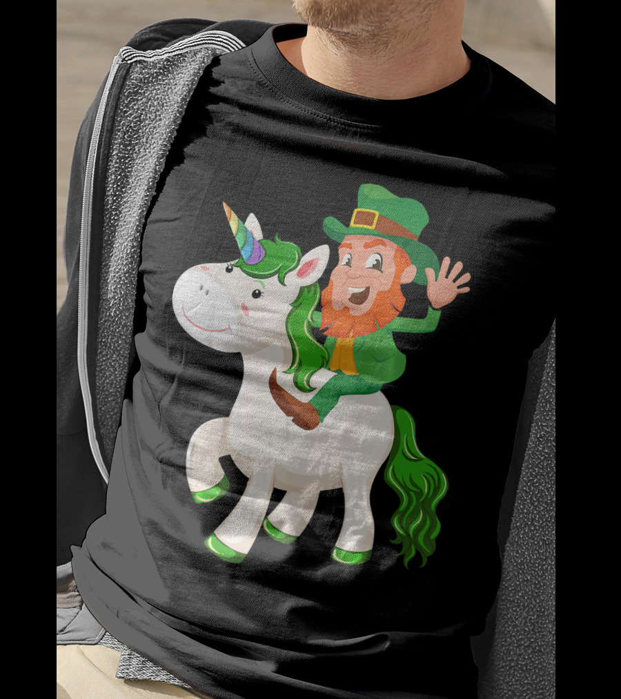Unicorn Leprechaun Celebration Characters Green Hat And Red Beard Riding Playful Creature T-Shirt