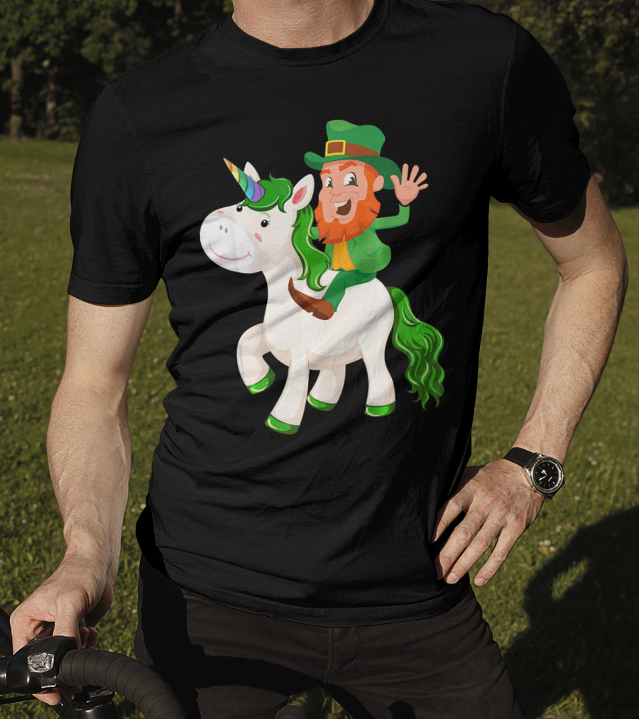 Unicorn Leprechaun Celebration Characters Green Hat And Red Beard Riding Playful Creature T-Shirt