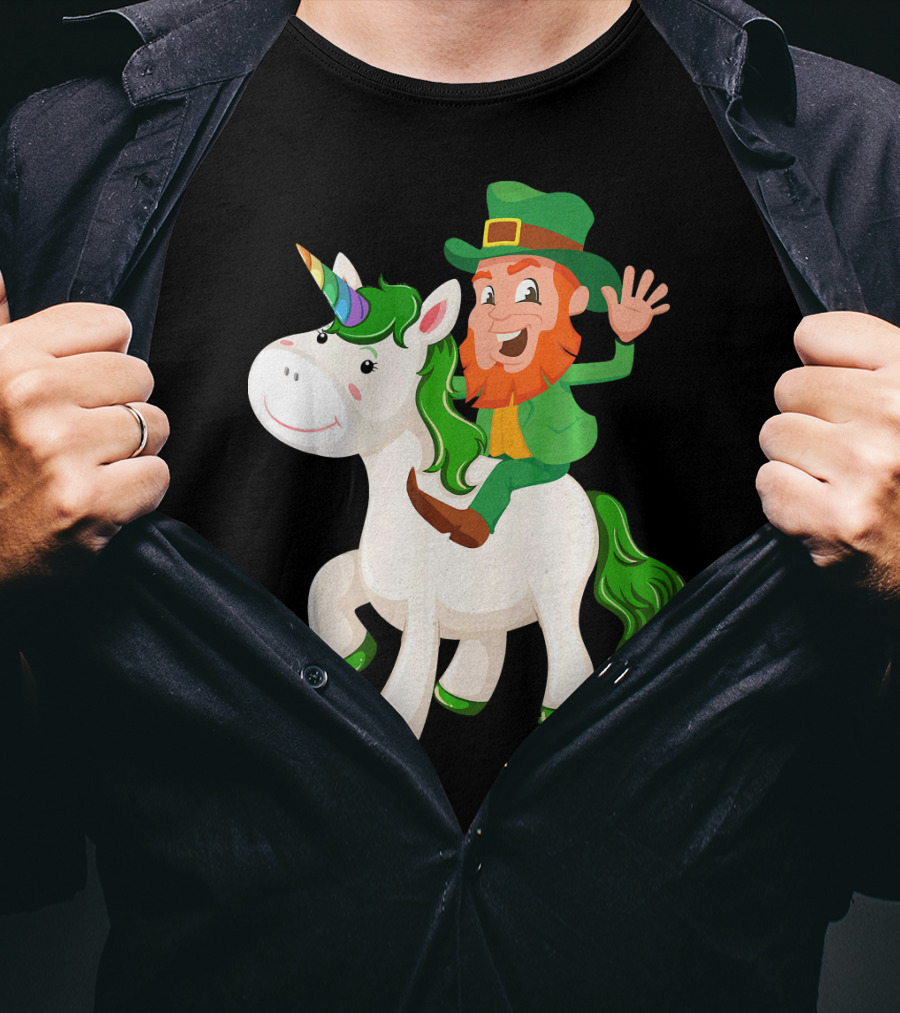 Unicorn Leprechaun Celebration Characters Green Hat And Red Beard Riding Playful Creature T-Shirt