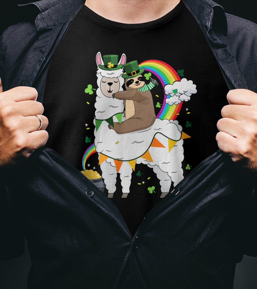 St. Patrick's Day Sloth Leprechaun With Rainbow And Gold On Llama T-Shirt