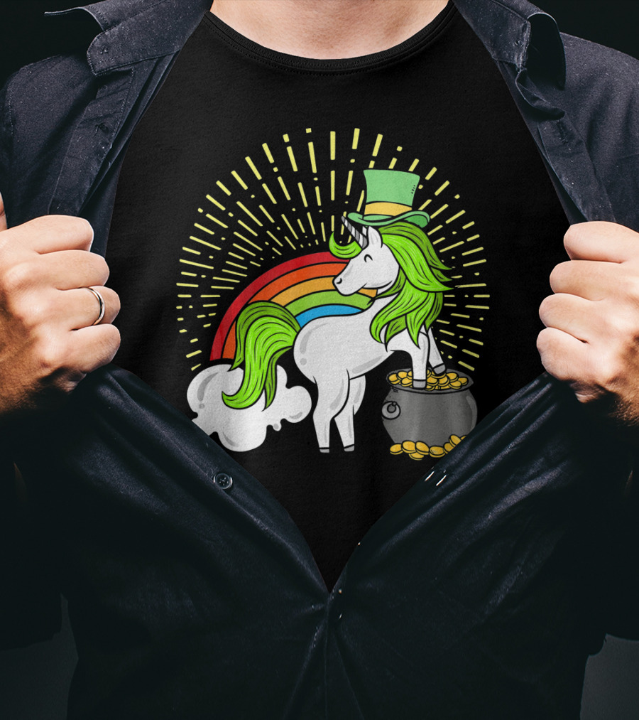 St Patricks Day Unicorn Shamrock Rainbow Pot Of Gold T-Shirt