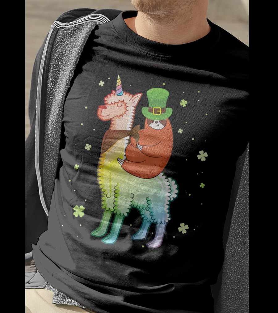 Cute Sloth Leprechaun Riding Rainbow Unicorn Llama With Shamrocks T-Shirt