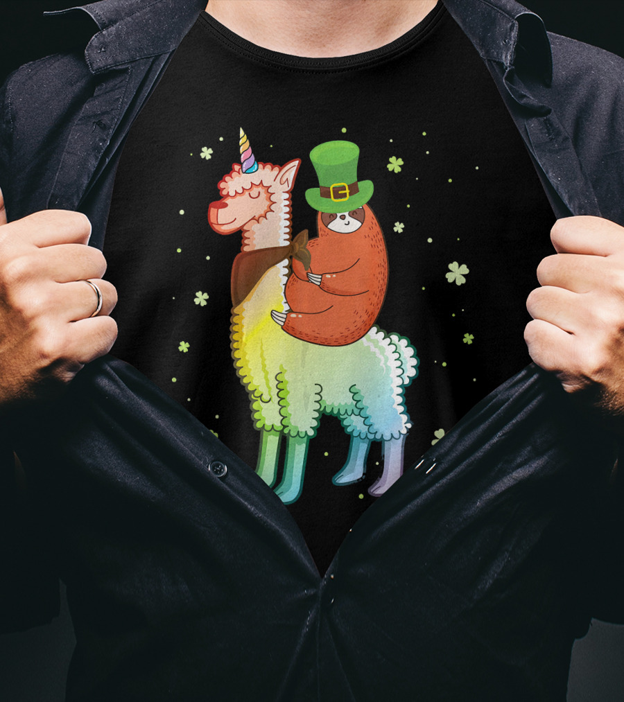Cute Sloth Leprechaun Riding Rainbow Unicorn Llama With Shamrocks T-Shirt