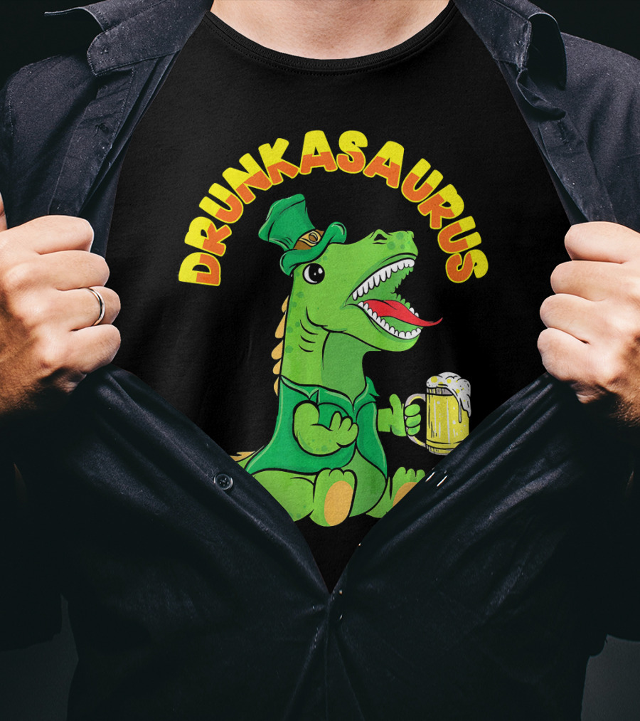 Drunkasaurus Leprechaun Dinosaur With Beer Drink T-Shirt