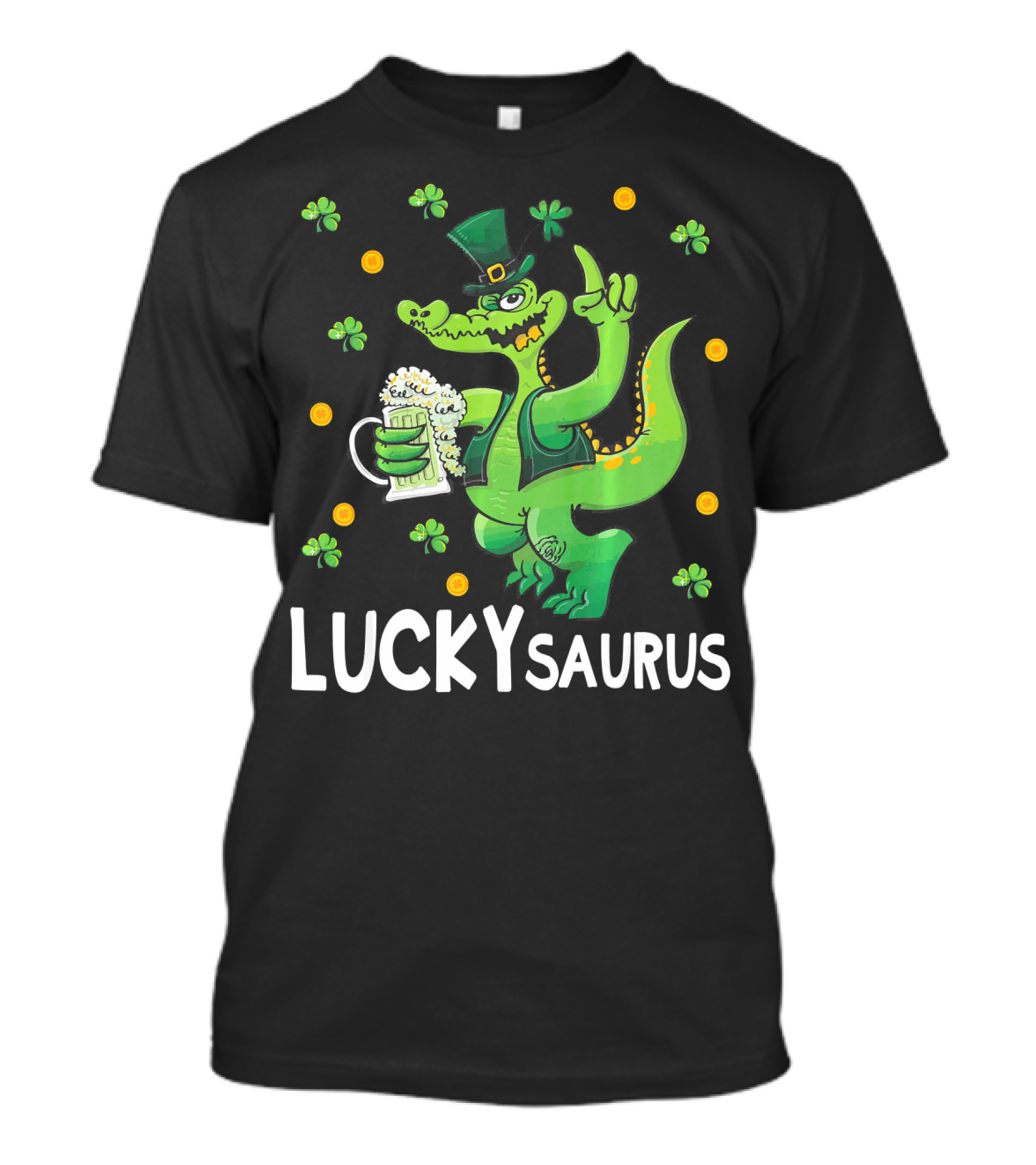 Luckysaurus Dinosaur Leprechaun Drinking Green Beer With Shamrocks And Coins T-Shirt