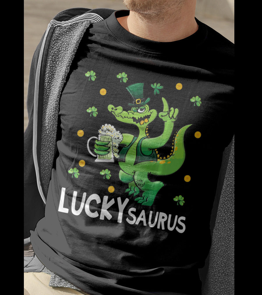 Luckysaurus Dinosaur Leprechaun Drinking Green Beer With Shamrocks And Coins T-Shirt