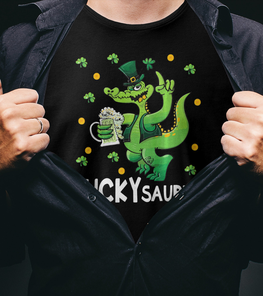 Luckysaurus Dinosaur Leprechaun Drinking Green Beer With Shamrocks And Coins T-Shirt
