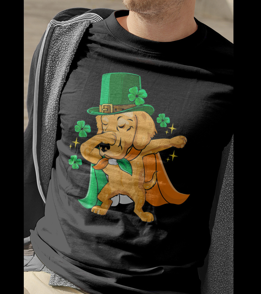 Golden Retriever Dabbing In Leprechaun Hat With Shamrock Cape T-Shirt