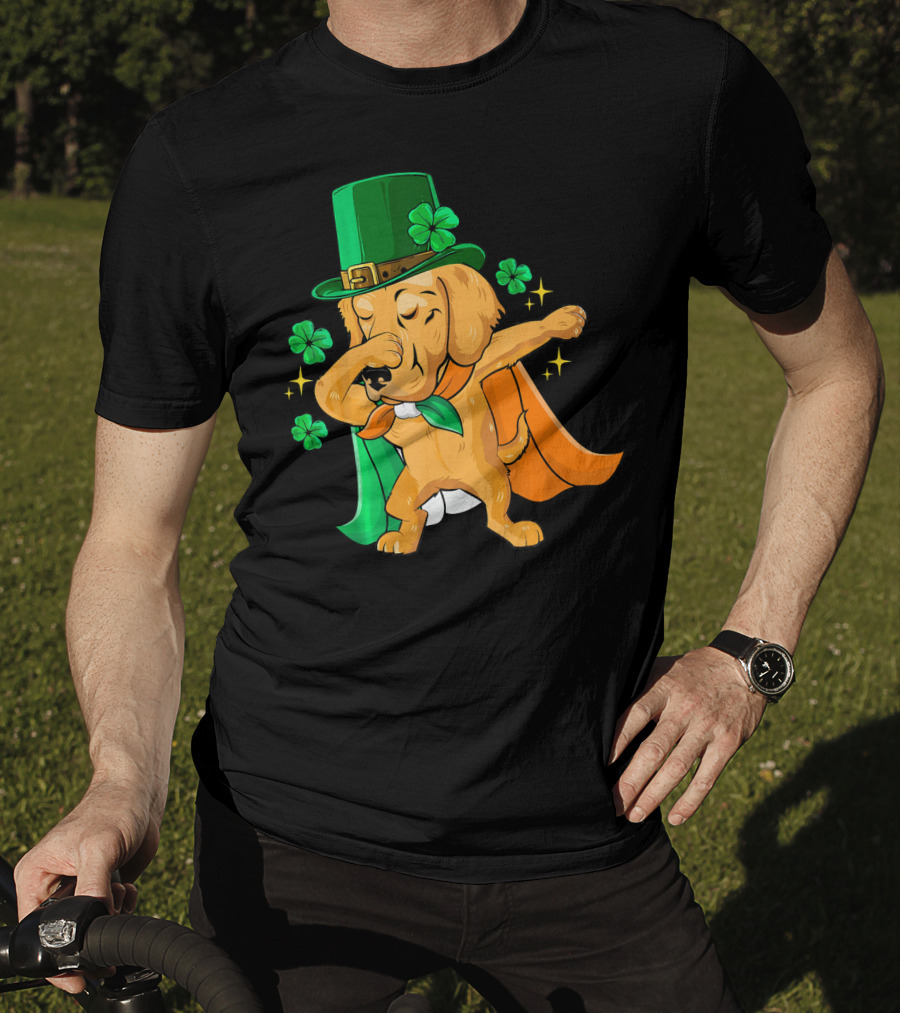 Golden Retriever Dabbing In Leprechaun Hat With Shamrock Cape T-Shirt