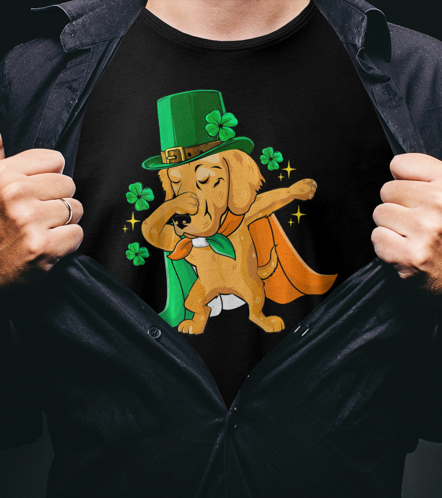Golden Retriever Dabbing In Leprechaun Hat With Shamrock Cape T-Shirt