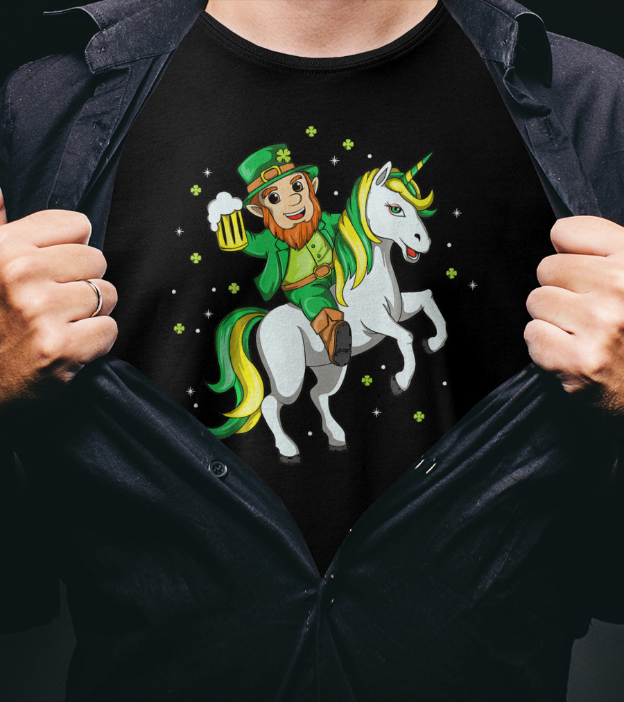 Lepricorn Irish Unicorn With Beer Mug And Shamrocks T-Shirt