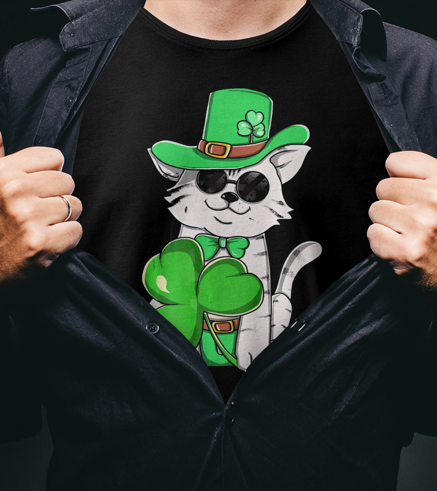 Leprechaun Cat Shamrock Irish St Pat Day Kitty T-Shirt