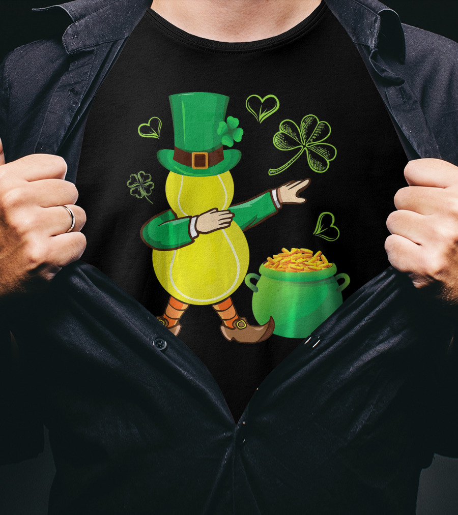 Tennis Leprechaun Dabbing With Gold Pot And Shamrocks T-Shirt