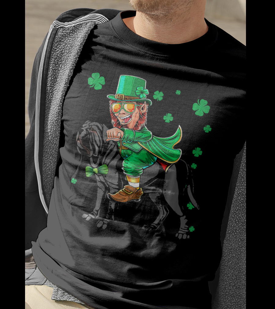 Leprechaun Riding Neapolitan Mastiff With Shamrock Accents T-Shirt