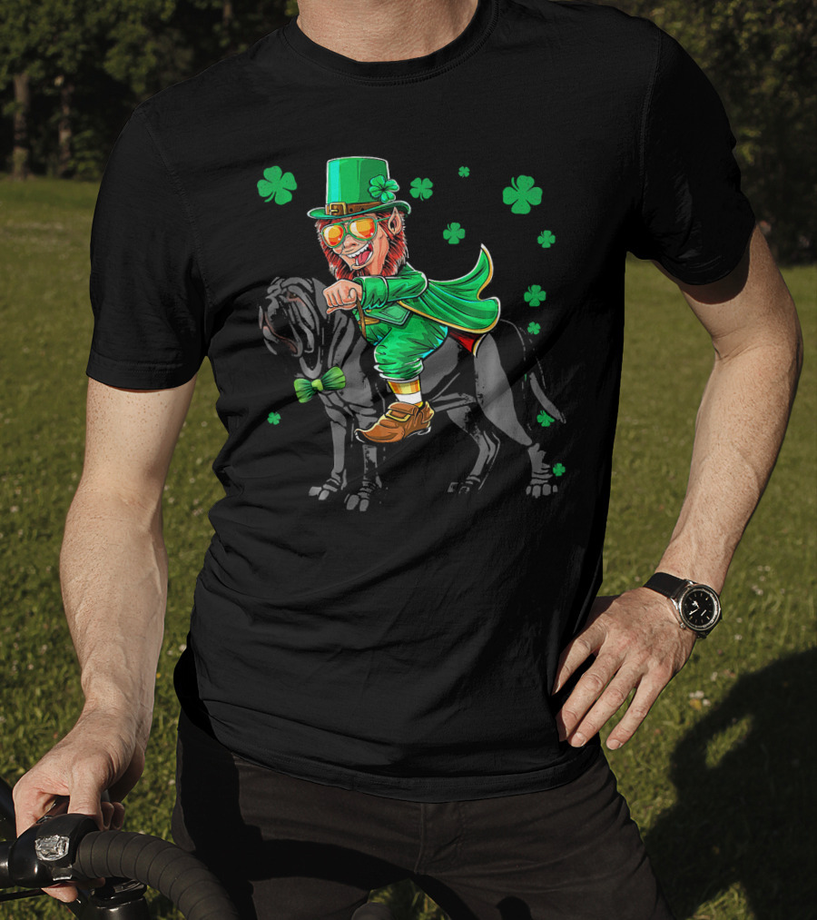 Leprechaun Riding Neapolitan Mastiff With Shamrock Accents T-Shirt