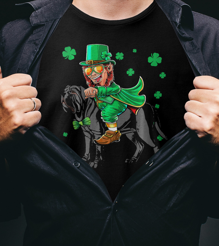 Leprechaun Riding Neapolitan Mastiff With Shamrock Accents T-Shirt