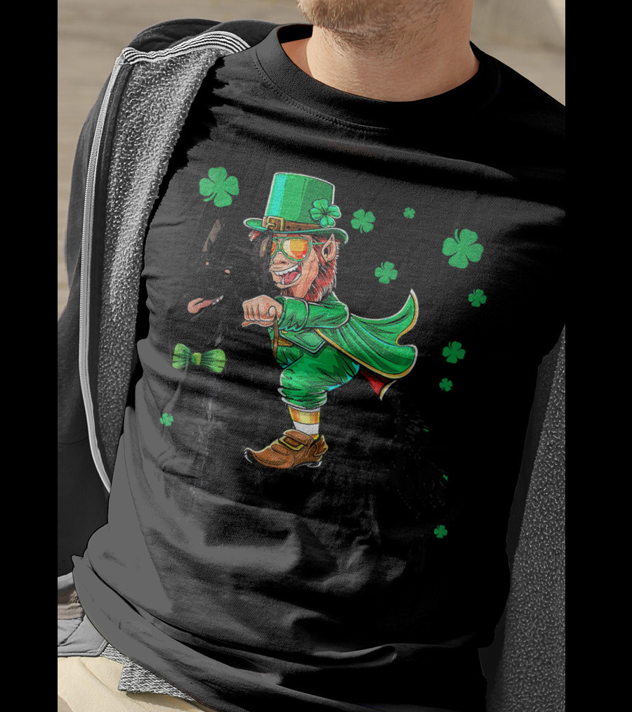 Leprechaun Riding Belgian Sheepdog With Shamrocks T-Shirt