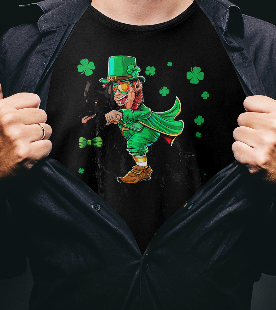 Leprechaun Riding Belgian Sheepdog With Shamrocks T-Shirt