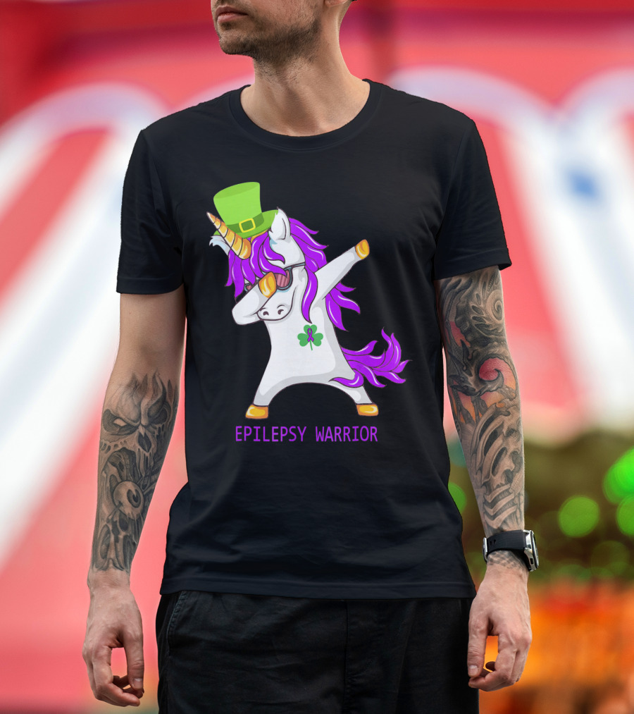Unicorn Epilepsy Warrior Dabbing with Green Hat and Shamrock T-Shirt
