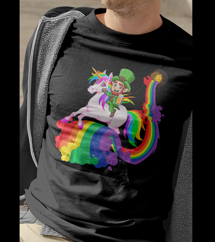Patrick Leprechaun Riding Unicorn Rainbow With Beer And Pot Of Gold T-Shirt