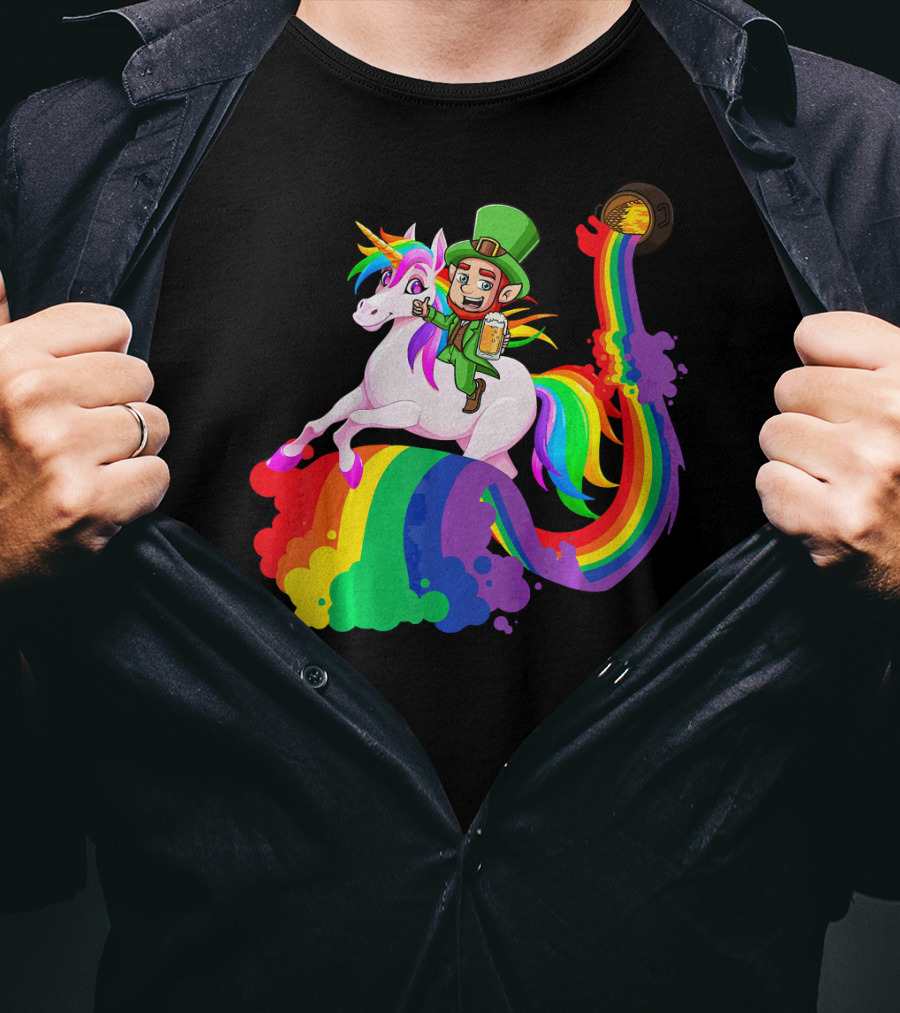 Patrick Leprechaun Riding Unicorn Rainbow With Beer And Pot Of Gold T-Shirt