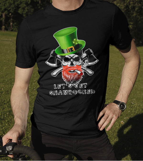 Let's Get Shamrocked St Patrick's Day Skull With Green Hat And Axes T-Shirt