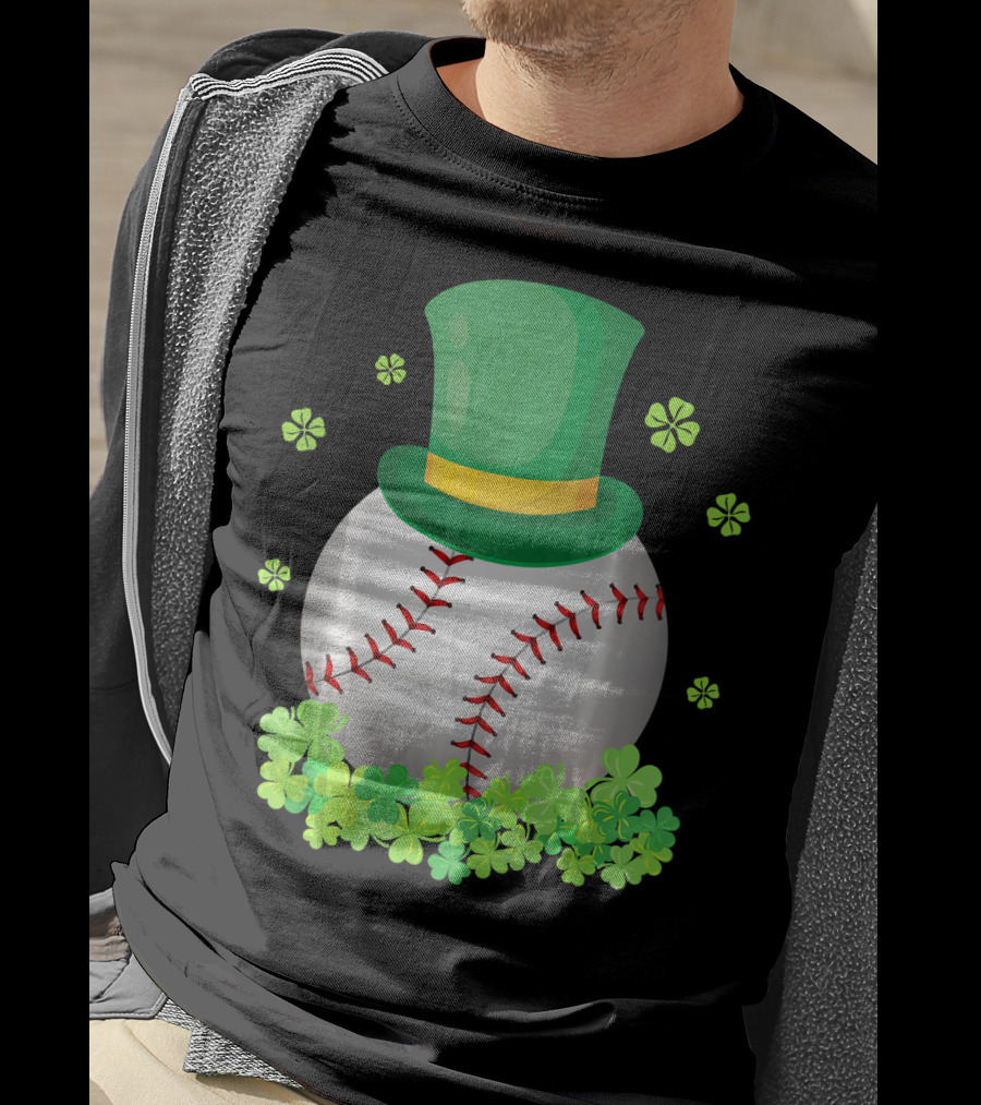 Baseball Leprechaun Hat With Shamrocks And Four-Leaf Clovers T-Shirt